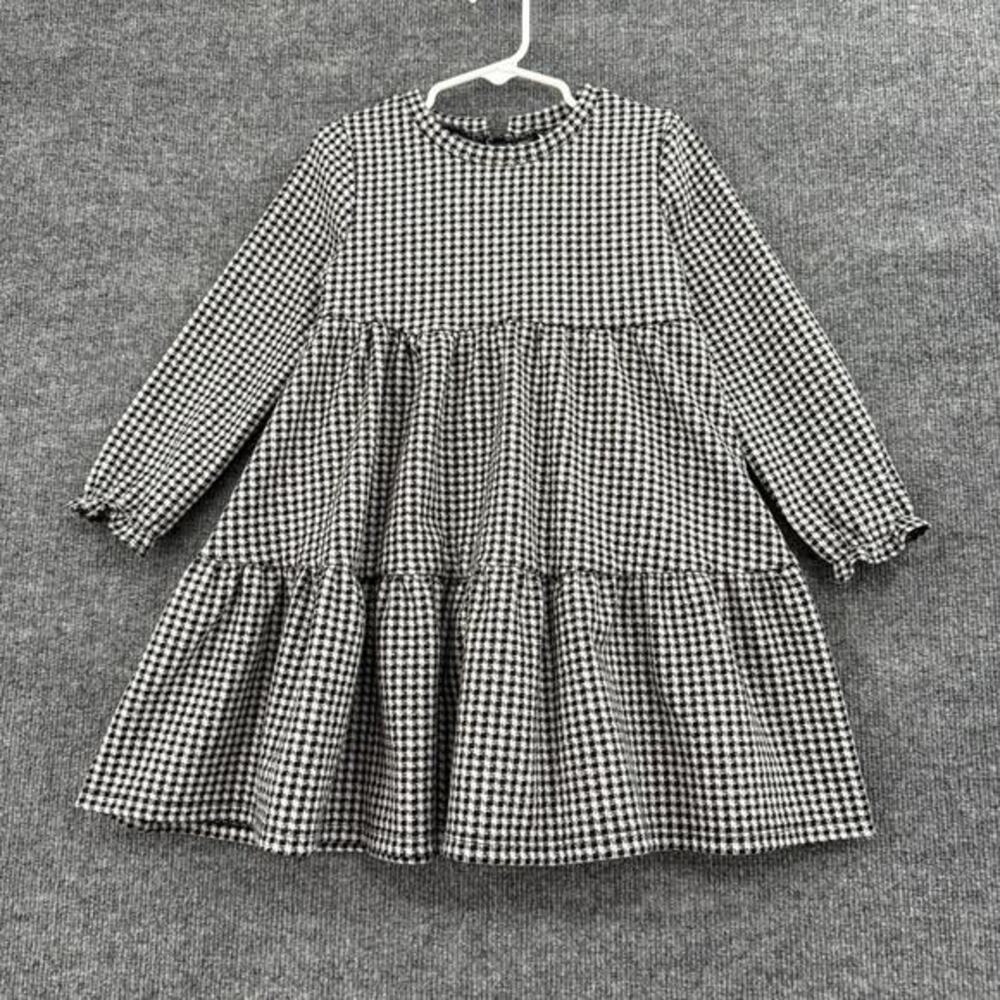 Rare Editions Girls Tiered Houndstooth Dress Size 5 Black White Stretch Cottage